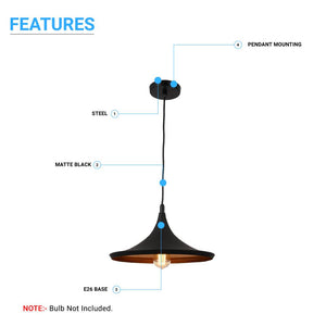 Modern Black hanging light fixture, Trumpet-Shaped, E26 Base, Steel Body, UL Listed