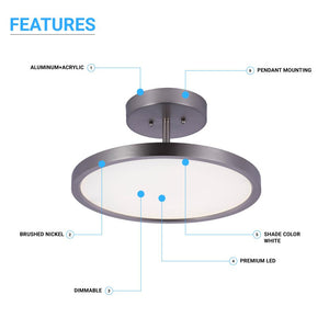 Modern Semi-Flush Mount Ceiling Light, 28W, 1950LM , Round - Flush Mount Light, Dimmable