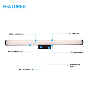 LED Vanity Light Bar Fixture, Rectangle Shape, CCT Changeable (3000K/4000K/ 5000K), LED Wall Mounting Vanity Light