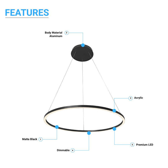 Indoor Modern LED Circular 1-Ring Chandelier, 56W, 3000K, 2462LM, Diameter 39.4''×71'', Dimmable, Ceiling Lights