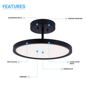 Circle - LED Semi Flush Mount Ceiling Lights, 28w, 1950LM, Dimmable, White Acrylic Shade with Matte Black Finish