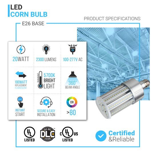20 Watt LED Corn Bulb, 5700K, E26 Base, 100-277 V, 70 Watt Replacement, 2600 Lumens, Outdoor Lighting, LED Corn Cob Retrofit Bulbs