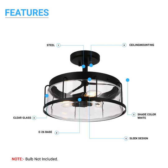 Semi-Flush Mount Drum Light Fixture, E26 Base, UL Listed, Matte Black Finish with Clear Glass Shade, 3 Years Warranty