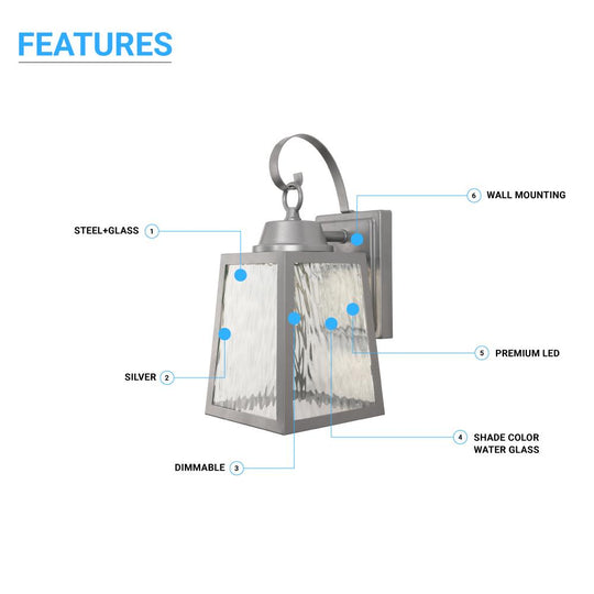 Outdoor LED Wall Lantern Fixture, 12W, 4000K (Cool White), 700 Lm, Dimmable, Water Glass Shade, wall sconce lighting