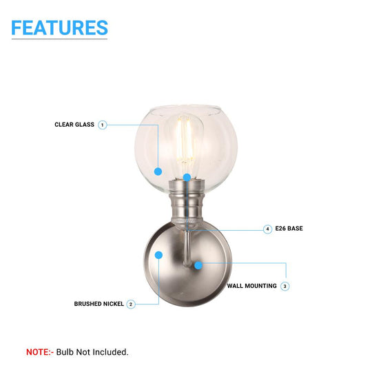 1 Light Wall Sconce Light With Clear Glass, Dome Shape, E26 Base, Brushed Nickel Finish, UL Listed