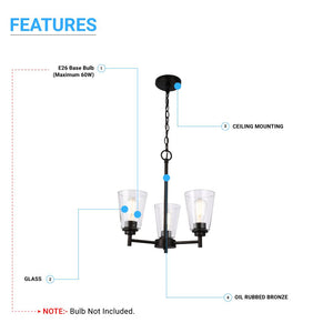 Chandelier Lighting Fixture, Flared Shape, Clear Glass Shades, E26 Base, UL Listed for Damp Location, 3 Years Warranty