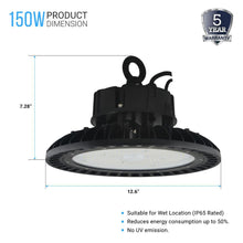 Load image into Gallery viewer, UFO LED High Bay Light: 150W, 5700K Daylight, 21000LM, AC200-480V High Voltage, 1-10V Dimmable, Waterproof IP65, UL and DLC Listed - Perfect for Warehouse, Barn, Airport, Workshop, Garage, and Factory Lighting