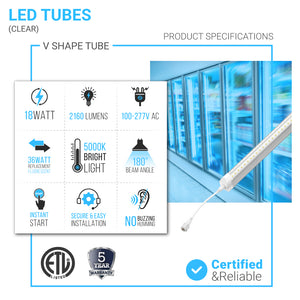 4ft T8 LED Cooler Tube Light, 18w, 5000k, 2160 LM, Clear, V Shape, Freezer LED Lights