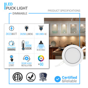 LED Swivel Puck Light, 3x3.5 Watts, 750 Lumens, CRI90, 3-Piece Kit With 12V Adaptor & Touch Dimmer, White Trim , CCT Changeable: 3000K & 5000K