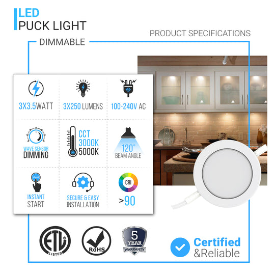 LED Swivel Puck Light, 3x3.5 Watts, 750 Lumens, CRI90, 3-Piece Kit With 12V Adaptor & Touch Dimmer, White Trim , CCT Changeable: 3000K & 5000K