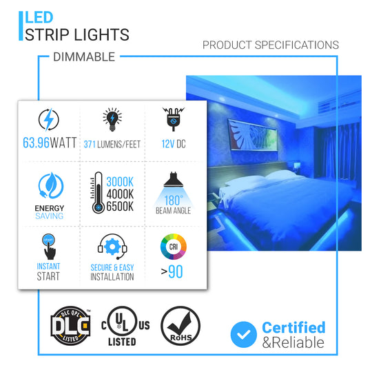 White LED Strip Lights, 3000K/4000K/ 6500K, Dimmable, SMD 2835, High-CRI, 371 lm/ft,  IP20 (Indoor)