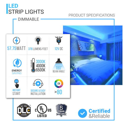 12V LED Strip Lights, SMD 5050- Weatherproof IP65 - 378Lumens/ft, Outdoor LED Tape Lights