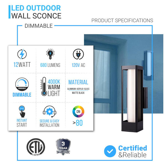 LED Outdoor Wall Light, 12W, 680 Lumens,120 Volt, Dimmable, Matte Black Finish, Wet Location