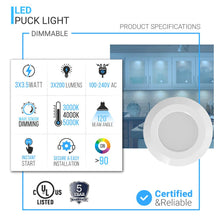 Load image into Gallery viewer, LED Under Cabinet Slim Puck Light, 3x3.5Watts, 600 Lumens, 3-Piece Kit, Wave Sensor Dimming With 12V Adaptor, White Trim, CCT Changeable (3000K/4000K/5000K)