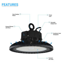 Load image into Gallery viewer, UFO LED High Bay Light: 240W, 5700K, 34000LM, Waterproof IP65, 1-10V Dimmable, AC200-480V High Voltage, UL and DLC Listed - Perfect for Factories, Workshops, Barns, Garages, Commercial Shops, Warehouses, Airports