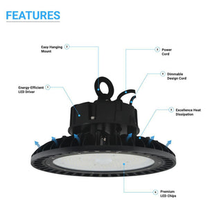 UFO LED High Bay Light: 150W, 5700K Daylight, 21000LM, AC200-480V High Voltage, 1-10V Dimmable, Waterproof IP65, UL and DLC Listed - Perfect for Warehouse, Barn, Airport, Workshop, Garage, and Factory Lighting