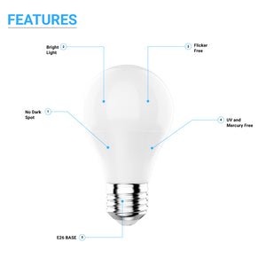 LED Light Bulb A19 - Dimmable 9.8W, 6500K, 800 Lumens, Crystal White (E26)