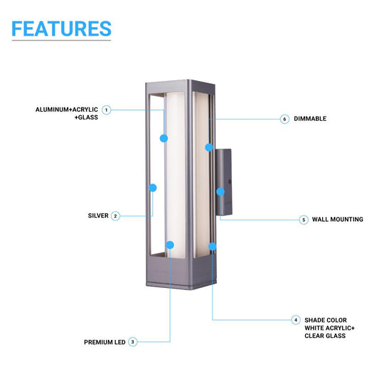 Modern Outdoor LED Wall Sconce Light Fixture, 12W, Dimmable, Silver FInish, Wet Location