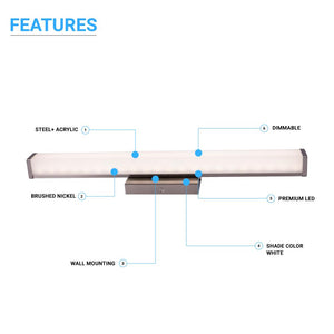 LED Vanity Light Bar Fixture, Rectangle Shape, CCT Changeable (3000K/4000K/ 5000K), LED Wall Mounting Vanity Light