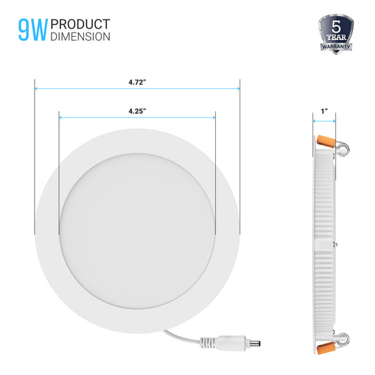 4" 9W LED Slim Panel Recessed Ceiling Light with Junction Box, Round