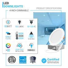 Load image into Gallery viewer, Slim 4-Inch LED Recessed Lighting with Junction Box: 9W, 650LM, Suitable for Damp Locations, Dimmable Downlights for Office, Kitchen, Bedroom, and Bathroom