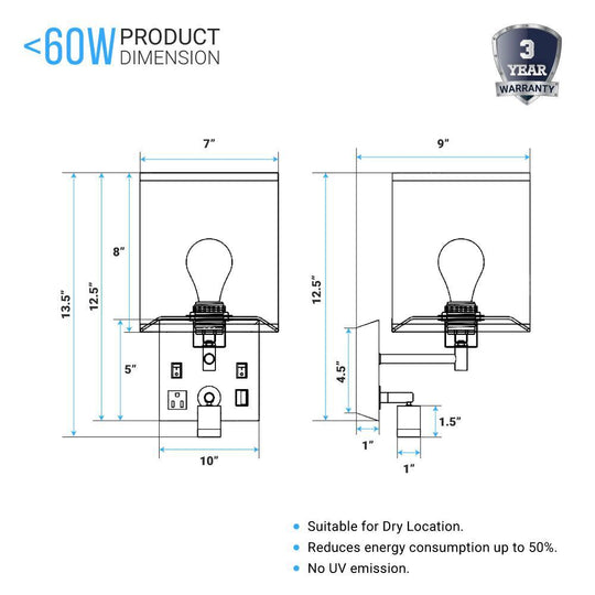 Wall Sconce Lighting fixtures, White Fabric Shade with Black Metal Finish, With LED 1W 1usb+2switchs+1outlet, Dimension: W7"*xH13.5"xE9"