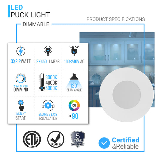 Magnets Puck LED Light, 2.2W Each, 450 LM, 12V Adaptor with 3-Piece Kit & Touch Dimmer, CRI90, White Trim (Changeable Trim-Sold Separately)
