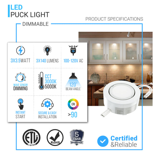 LED Under Cabinet Puck Light, 420 Lumens, 3x3.5 Watts, 3-Piece Kit Direct Plug-In, Dimmable, White Trim