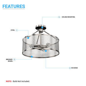 Semi Flushmount Drum Ceiling Light, E26 Base, Steel Cage Matte Black Finish, 3 Years Warranty, UL Listed