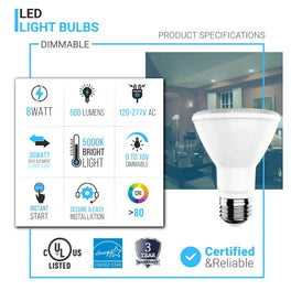 PAR20 LED Light Bulb - 5000K - 8 Watt 525 Lumens - High CRI 90+ E26 Base