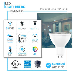 LED Light - PAR16 -  Bulbs - Light Bulbs, 500Lumens - 6.5 Watt GU10 base 5000K
