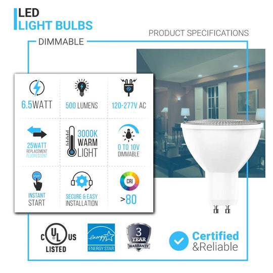 LED Bulbs - PAR16 - LED Bulbs - 3000K - 6.5 Watt -  500 Lumens, GU10 base