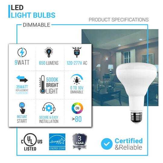 LED Light Bulbs BR30, 5000K - 650 Lumens - 9 Watt, Energy Star, Dimmable