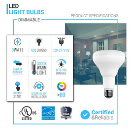 9 Watt LED Light Bulbs, BR30, 3000K - 650 Lumens, Dimmable, E26 base