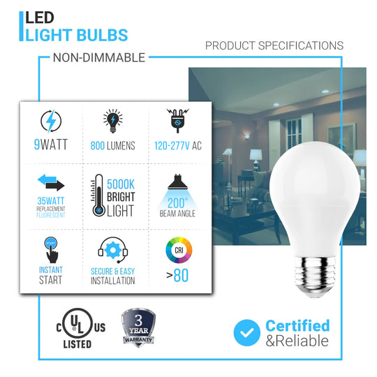 A19 LED Light Bulb Daylight - Natural White, 5000K, 9 Watt, 800 Lumens, Non-Dimmable