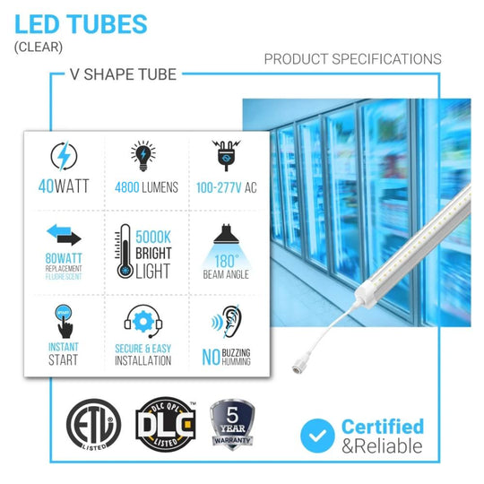 6ft T8 LED Freezer Tube, 40W, 5000k, 4800 LM, V Shape, Clear, Rebate Eligible, Cooler light fixture