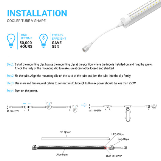 5ft T8 LED Freezer & Cooler Tube, 32W, 5000K, Clear, V Shape, Walk-in Display Tube Lights