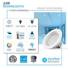 Load image into Gallery viewer, Commercial Grade 10-Inch LED Recessed Lighting: 40W, 3000LM, 5000K Daylight, with Junction Box, Dimmable, ETL and Energy Star Listed