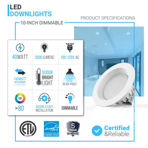 Commercial Grade 10-Inch LED Recessed Lighting: 40W, 3000LM, 5000K Daylight, with Junction Box, Dimmable, ETL and Energy Star Listed