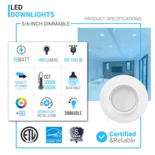 Load image into Gallery viewer, 5/6-inch LED Dimmable Eyeball Downlight, 15W, 1060LM, White, Recessed Ceiling Light Fixture