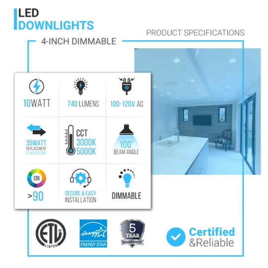Adjustable Eyeball 4-Inch LED Recessed Lighting: 10W Dimmable with Mounting Clip, Perfect Downlights for Living Rooms, Offices, Closets, Kitchens, Hallways