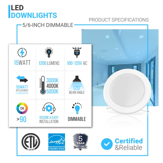 5/6-inch Dimmable LED Disk Downlights, 15W, 1200 LM, Recessed Ceiling Light, Commercial Led Downlights