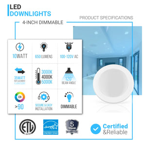 4-inch LED Disk Downlight, 10W, 650LM, Recessed Ceiling Light Fixture, Commercial Led Downlights