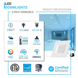 Square 6-Inch LED Recessed Lighting: 12W, Baffle Trim, ETL and Energy Star Listed, Dimmable Downlights Perfect for Closets, Kitchens, Hallways, Doorways, Basements
