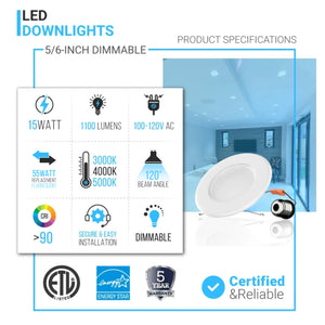 5/6 inch LED Downlight Dimmable  / Can Lights, 15W, 1100 LM, White, Recessed Ceiling Lights