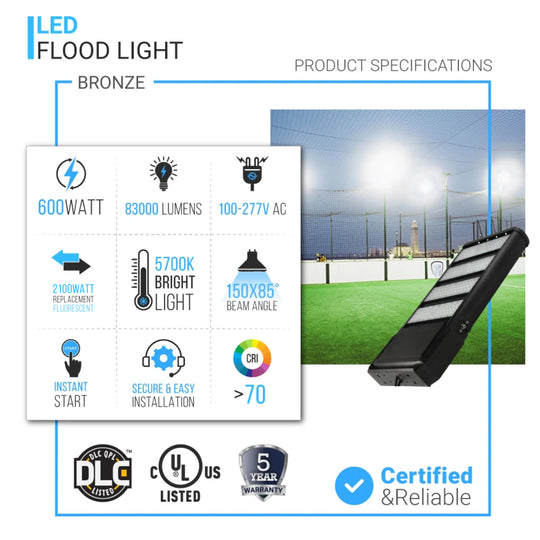 600 Watt LED Flood Light, 83000 lumens, 2100 Watt Replacement, 5700K, Bronze, UL Listed