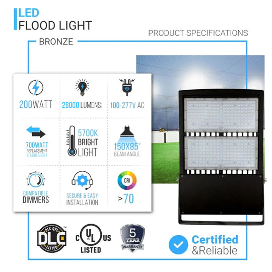 200W LED Flood Light Fixture, 700 Watt Replacement, 5700K, 28000LM, IP65 Rated, Bronze, Dimmable, AC120-277V