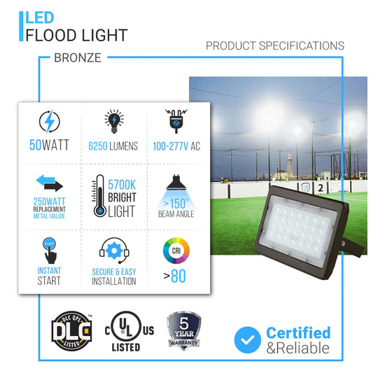 50 Watt LED Flood Lights, 5700K, 6250LM Bright Outdoor Floodlights, U-Bracket Mount, Bronze Finish