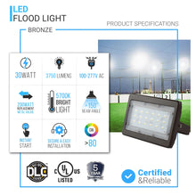 Load image into Gallery viewer, 30W LED Flood Light, 5700K, 3750LM, Super Bright Security Light, IP65 Waterproof, Bronze Finish