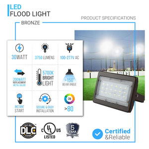 30W LED Flood Light, 5700K, 3750LM, Super Bright Security Light, IP65 Waterproof, Bronze Finish